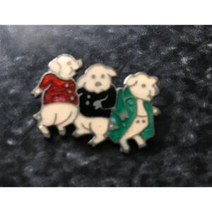 Vintage 1940's Three Pig Enamel Pin Brilliant Colors Silver Edging Beige Red